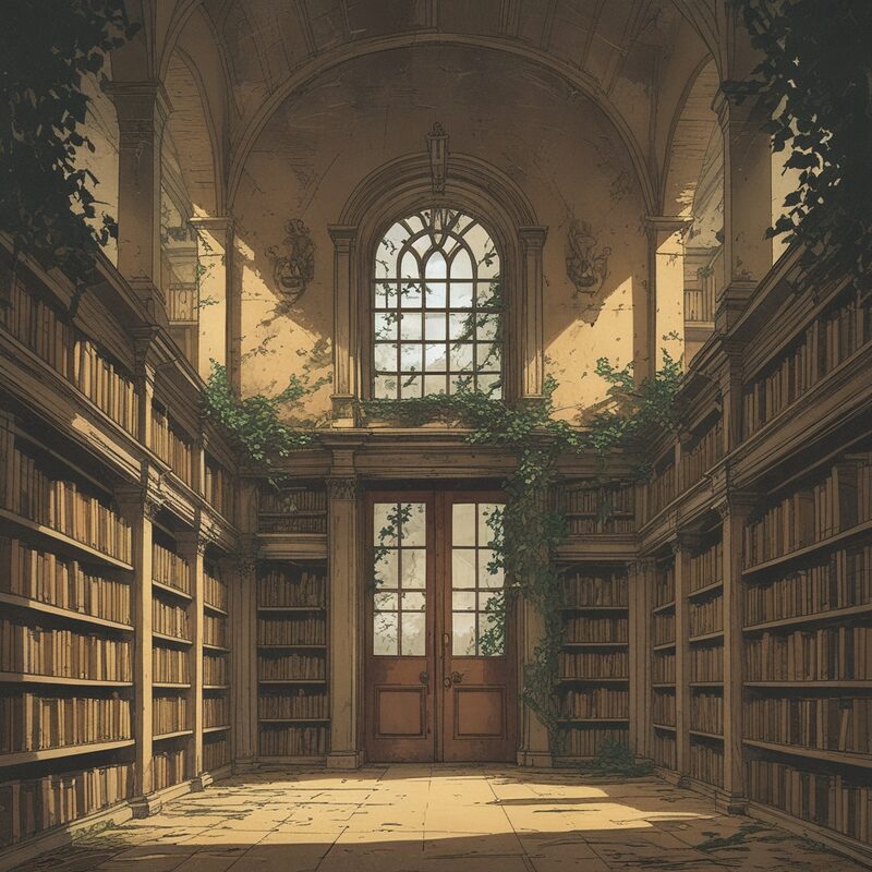 A library hall fallen quiet, ivy through the window, its doors closed